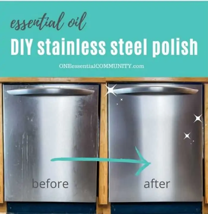 before and after photos of dishwasher front -- before and after using essential oil stainless steel polish