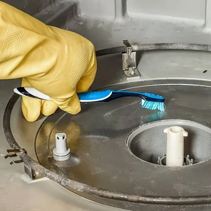 using a soft scrub brush to clean dishwasher filter