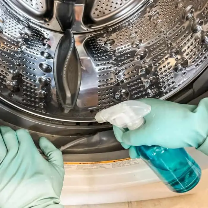 spraying cleaner in between folds of washing machine gasket