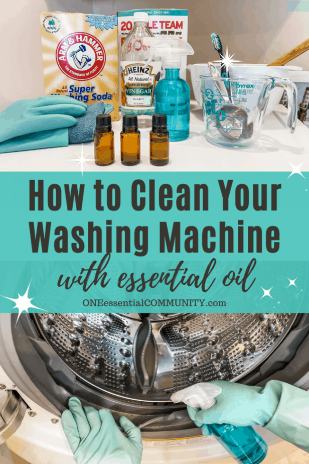 How to Clean Washing Machine with essential oil -- 3 bottles of essential oil, washing soda, borax, vinegar, spray bottle, toothbrush -- lower photo is spraying cleaner on HE front loading washing machine