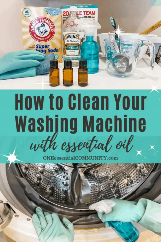 How to Clean Washing Machine with essential oil -- 3 bottles of essential oil, washing soda, borax, vinegar, spray bottle, toothbrush -- lower photo is spraying cleaner on HE front loading washing machine