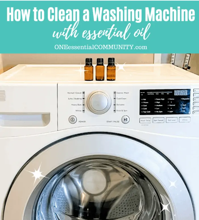 How to clean a washing machine with essential oil -- 3 bottles of essential oil on top of high efficiency washer