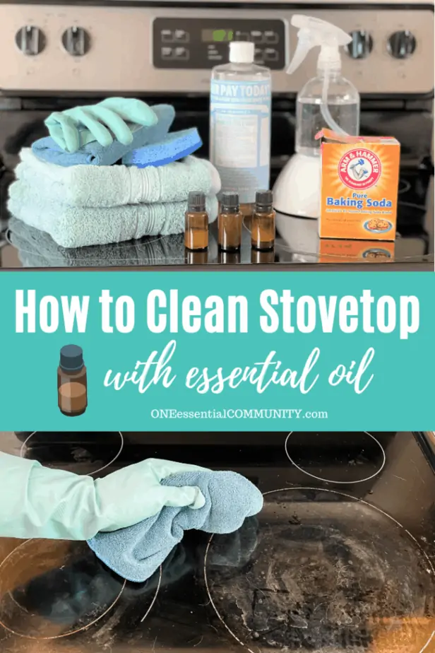 How to Clean Stovetop with essential oil by OneEssentialCommunity.com -- supplies shown on top= towels, glove, sponge, essential oil, Castile soap, baking soda, and spray bottle