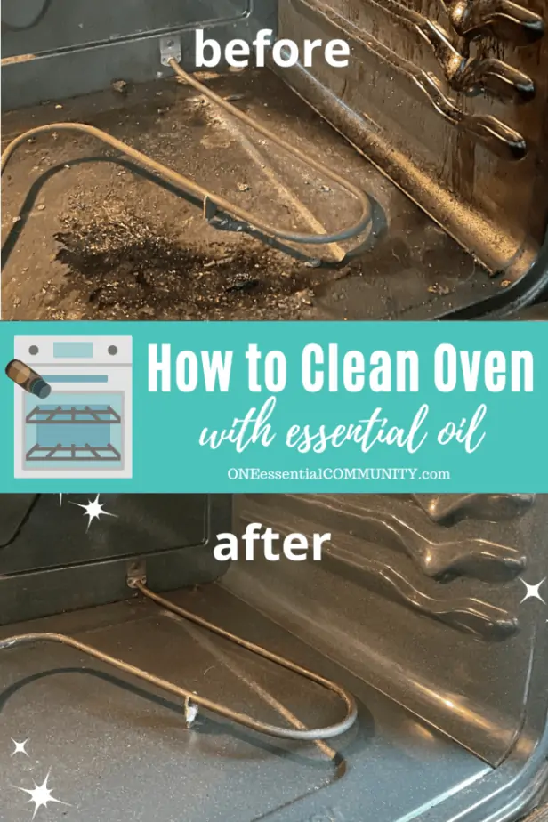 how to clean oven with essential oil -- before photo of dirty oven and after photo of clean oven