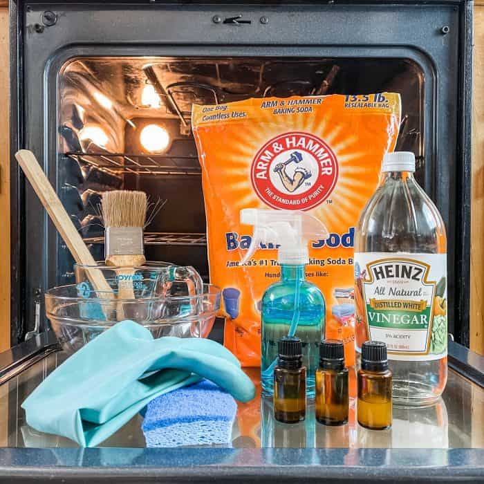supplies used to clean oven - baking soda, vinegar, essential oil, spray bottle, sponge, cleaning glove, paintbrush