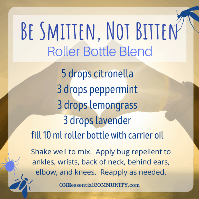 Be Smitten, Not Bitten roller bottle blend by oneessentialcommunity.com -- 5 drops citronella, 3 drops peppermint, 3 drops lemongrass, and 3 drops lavender essential oil, then fill 10ml roller bottle with carrier oil. shake well to mix. apply bug repellent to ankles, wrists, back of neck, behind ears, elbows, and knees. reapply as needed.