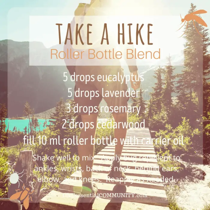 Take a Hike roller bottle blend by oneessentialcommunity.com -- 5 drops eucalyptus, 5 drops lavender, 3 drops rosemary, and 2 drops cedarwood essential oil, then fill 10ml roller bottle with carrier oil. shake well to mix. apply bug repellent to ankles, wrists, back of neck, behind ears, elbows, and knees. reapply as needed.