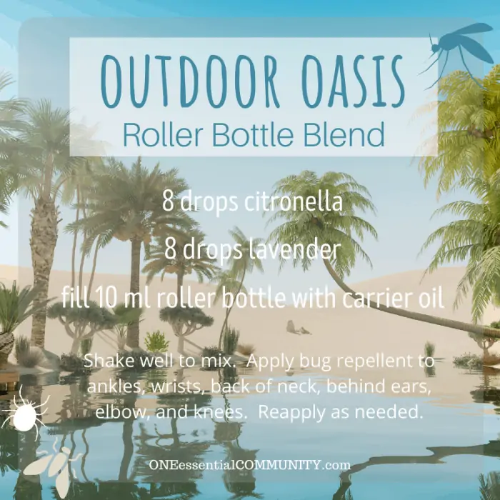 Outdoor Oasis roller bottle blend by oneessentialcommunity.com -- 8 drops citronella and 8 drops lavender essential oil, then fill 10ml roller bottle with carrier oil. shake well to mix. apply bug repellent to ankles, wrists, back of neck, behind ears, elbows, and knees. reapply as needed.