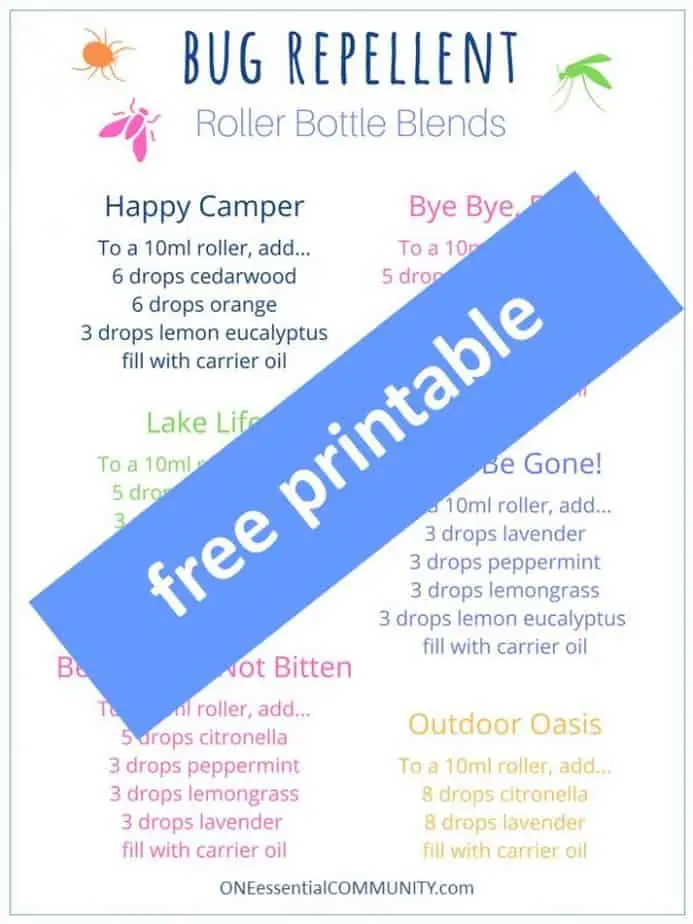 free printable for bug repellent roller bottle blends by oneessentialcommunity.com