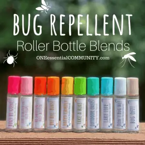 Bug Repellent roller bottle blends by OneEssentialCommunity.com -- 10 essential oil rollerballs on deck railing outdoors