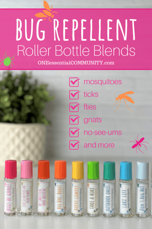bug repellent roller bottle blends by OneEssentialCommunity.com works for repelling mosquitos, ticks, flies, gnats, no-see-ums, and more. 10 different rollerball recipes and free printable of labels & recipes
