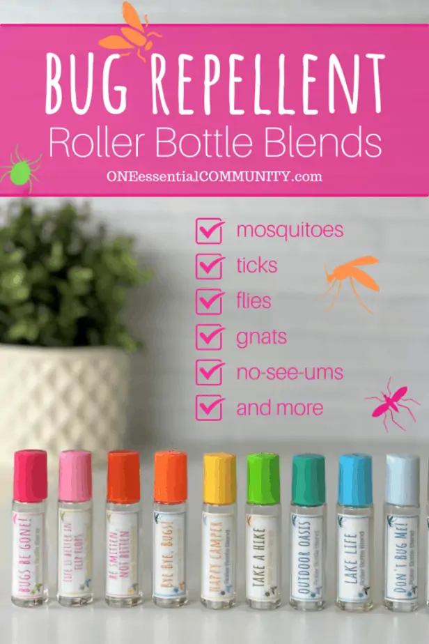 bug repellent roller bottle blends by OneEssentialCommunity.com works for repelling mosquitos, ticks, flies, gnats, no-see-ums, and more. 10 different rollerball recipes and free printable of labels & recipes
