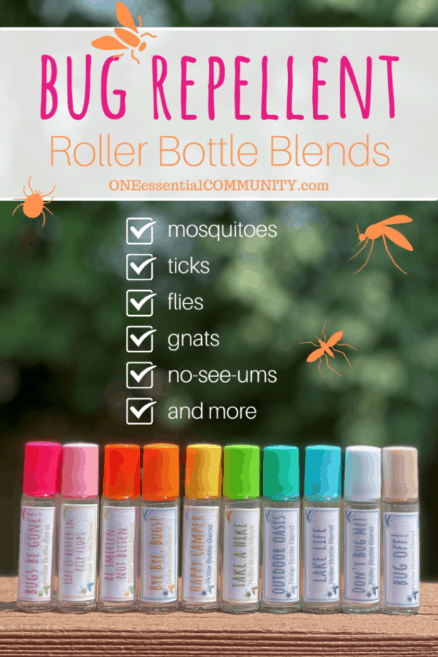 bug repellent roller bottle blends by oneessentialcommunity.com -- works to keep away mosquitos, ticks, flies, gnats, no-see-ums, and more -- 10 rollerball recipes & free printable labels