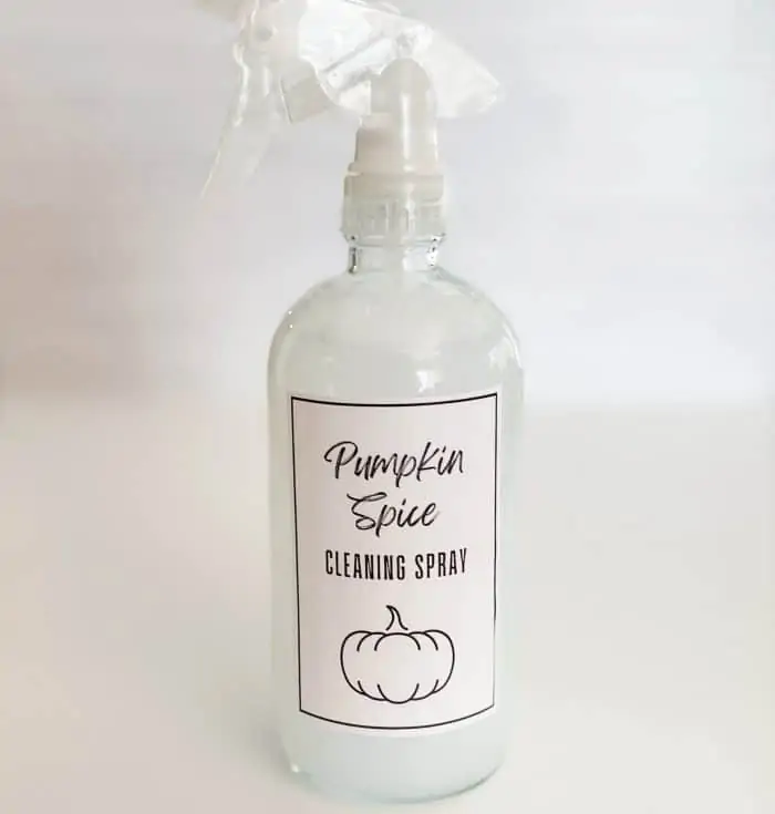 free printable label "pumpkin spice cleaning spray" attached to spray bottle