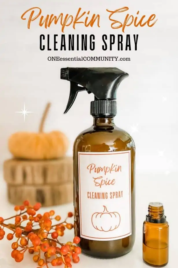 Pumpkin Spice Cleaning Spray by oneessentialcommunity.com -- glass spray bottle next to essential oil bottle, pumpkin, and berries