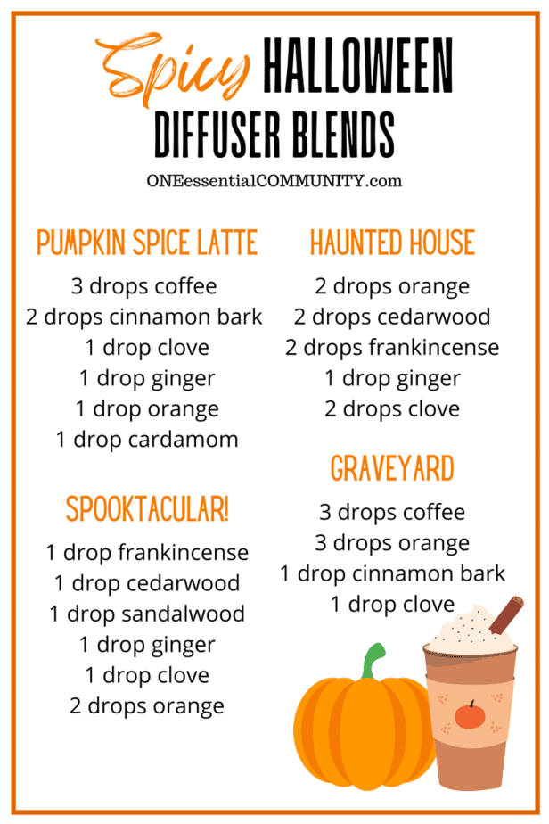 Spicy Halloween Diffuser Blends 6. Pumpkin Spice Latte 3 drops coffee + 2 drops cinnamon bark + 1 drop clove + 1 drop ginger + 1 drop orange + 1 drop cardamom 7. Haunted House 2 drops orange + 2 drops cedarwood + 2 drops frankincense + 1 drop ginger + 2 drops clove 8. Graveyard 3 drops coffee + 3 drops orange + 1 drop cinnamon bark + 1 drop clove 9. Spooktacular! 1 drop frankincense + 1 drop cedarwood + 1 drop sandalwood + 1 drop ginger + 1 drop clove + 2 drops orange