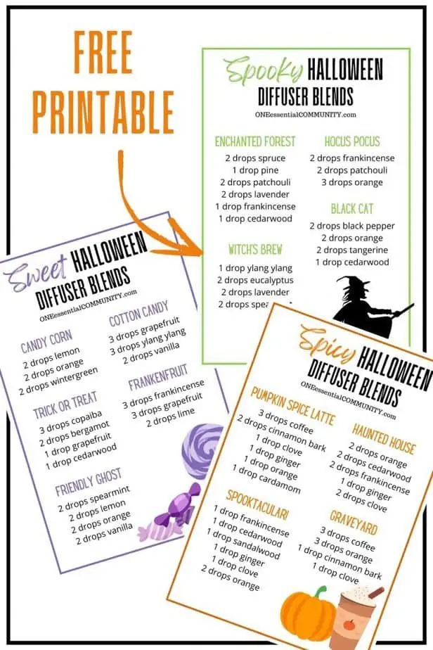 click to get a free printable of all 13 Halloween essential oil diffuser blend recipes