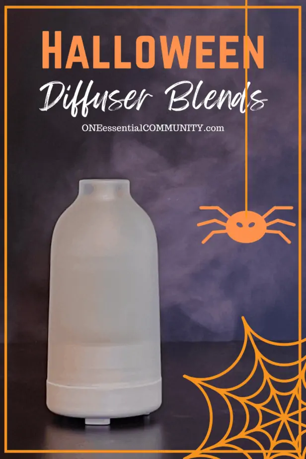 Halloween Diffuser Blends by oneessentialcommunity.com - shows essential oil diffuser with mist along with graphics of spider and spider web