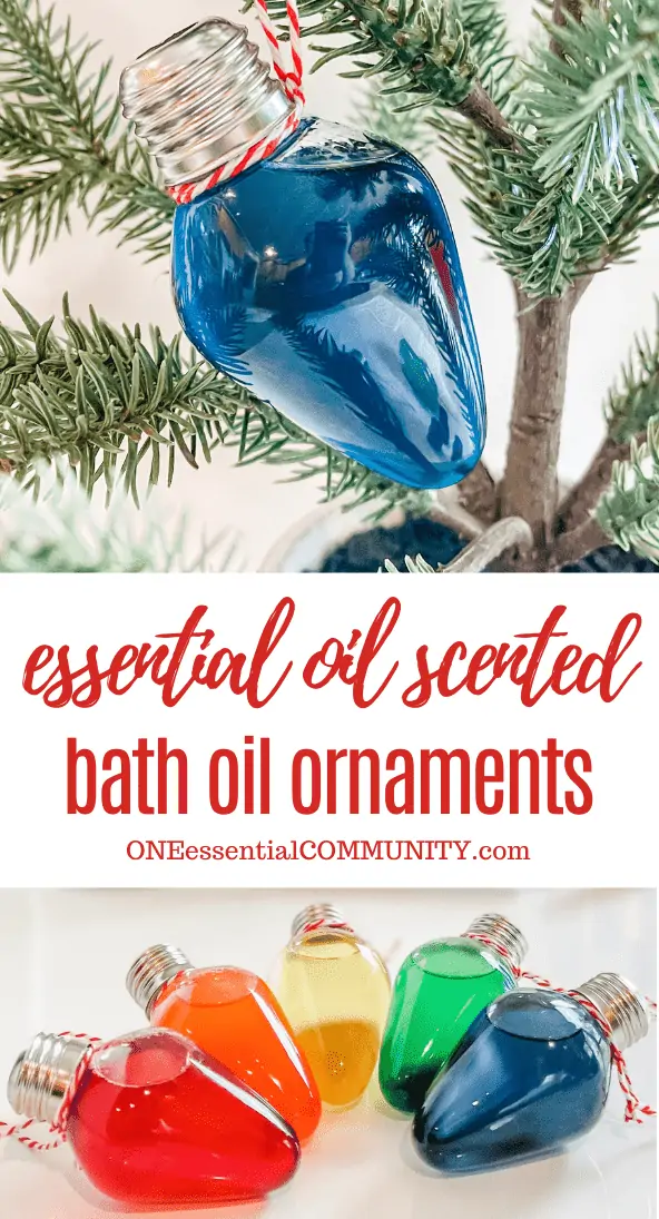 essential oil scented bath oil ornaments by oneessentialcommunity.com -- 5 homemade bath oil ornaments on bottom -- blue bath oil ornament hangs from branch of Christmas tree on top