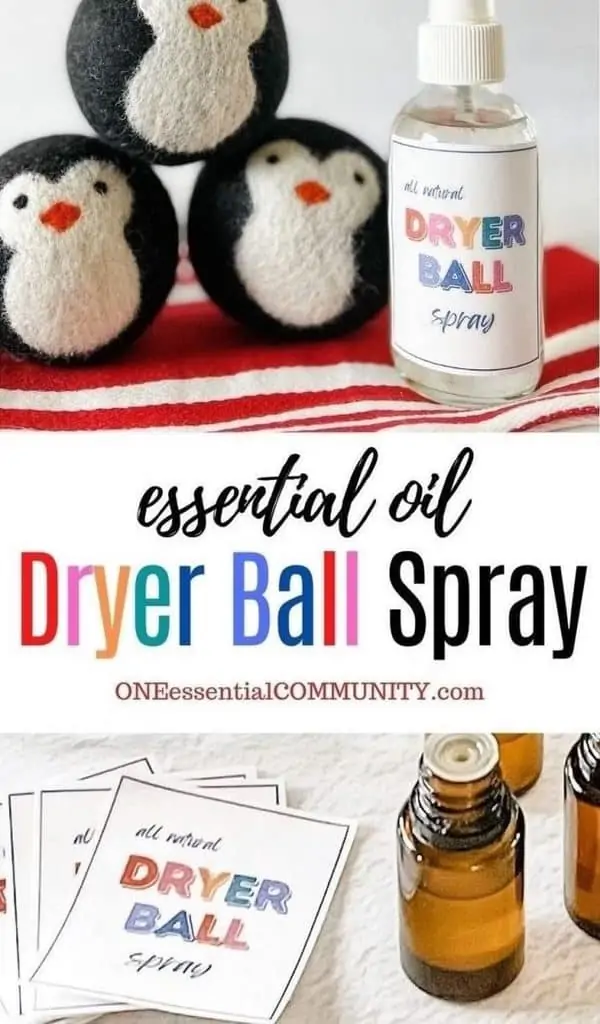 essential oil dryer ball spray by oneessentialcommunity.com -- penguin dryer balls next to dryer ball spray -- essential oil bottles next to free printable labels for all natural dryer ball spray