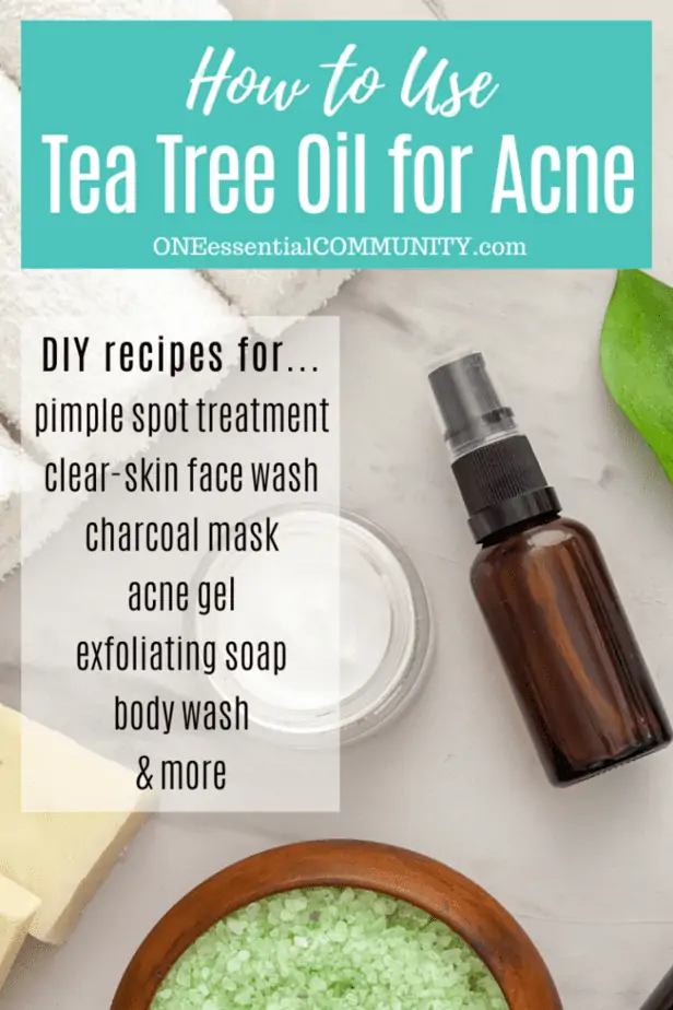 How to Use tea Tree Oil for Acne by oneessentialcommunity.com -- includes DIY recipes for... pimple spot treatment, clear-skin face wash, charcoal mask, acne gel, exfoliating soap, body wash, and more -- image of small spray bottle, lotion, and salts