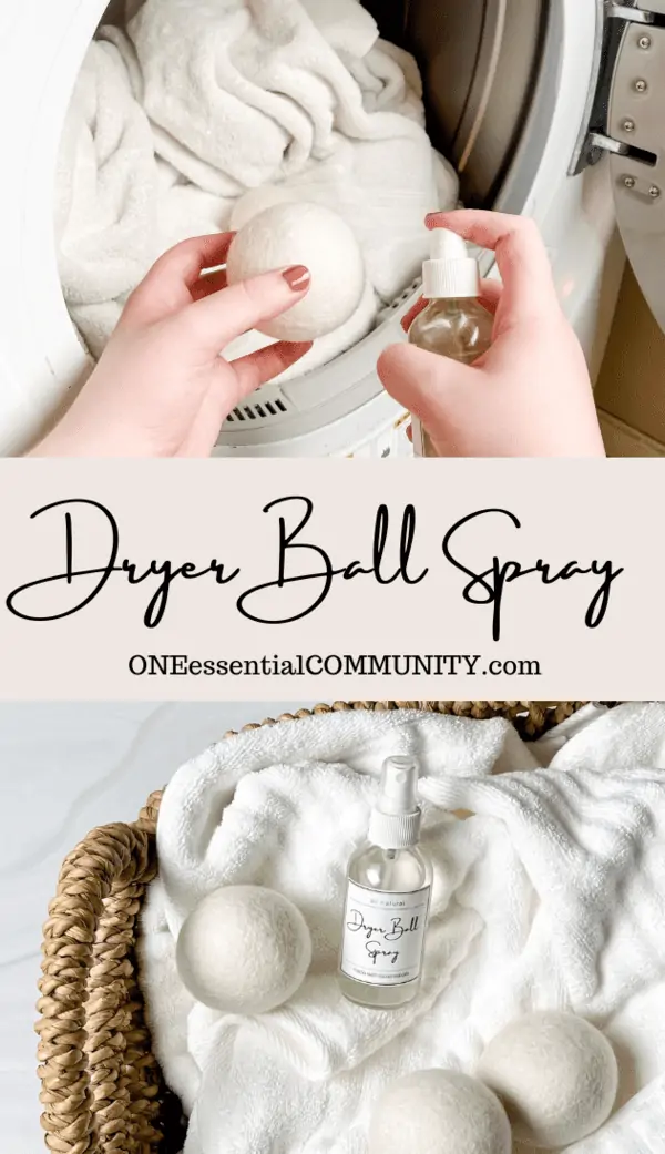 Homemade Dryer Ball Spray {made with essential oils} by oneessentialcommunity.com -- top photo is hand spraying dryer ball spray on wool dryer ball and adding to laundry in dryer. bottom photo is laundry basket filled with fluffy white towels and topped with 3 wool dryer balls and DIY dryer ball spray