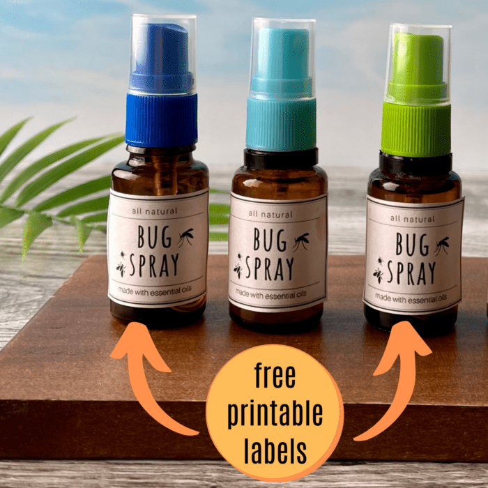 three 15ml essential oil bottles turned into travel bug spray by adding spray tops -- this post includes link to free printable labels for the homemade bug spray