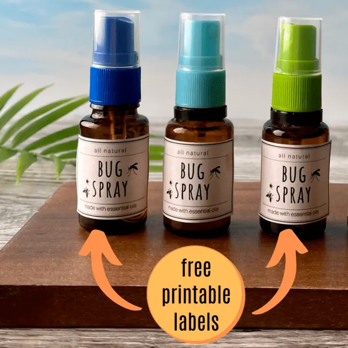 three 15ml essential oil bottles turned into travel bug spray by adding spray tops -- this post includes link to free printable labels for the homemade bug spray