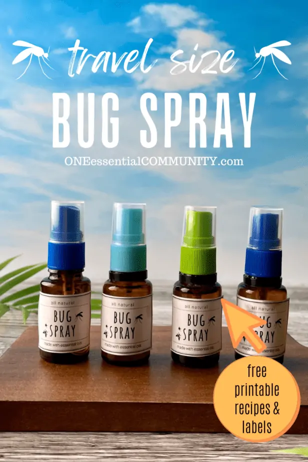 travel size bug spray by oneessentialcommunity.com -- four 15ml essential oil bottles turned into travel size bug spray by adding spray tops -- post includes link to free printable recipes and labels