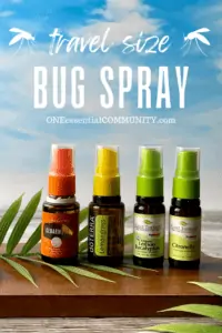 travel size bug spray by oneessentialcommunity.com -- four 15ml essential oil bottles turned into travel size bug spray by adding spray tops -- Young Living cedarwood with orange spray top, doTERRA lemongrasss with yellow spray top, and Plant Therapy lemon eucalyptus and citronella with coordinating green spray tops