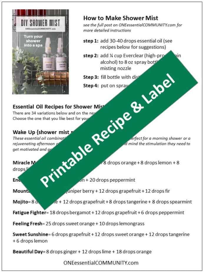 printable for DIY shower mist recipes and labels