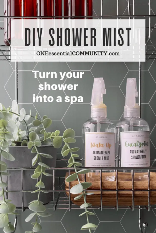 DIY Shower Mist by oneessentialcommunity.com -- turn your shower into a spa -- shows 2 spray bottles and a plant on a shower organizer
