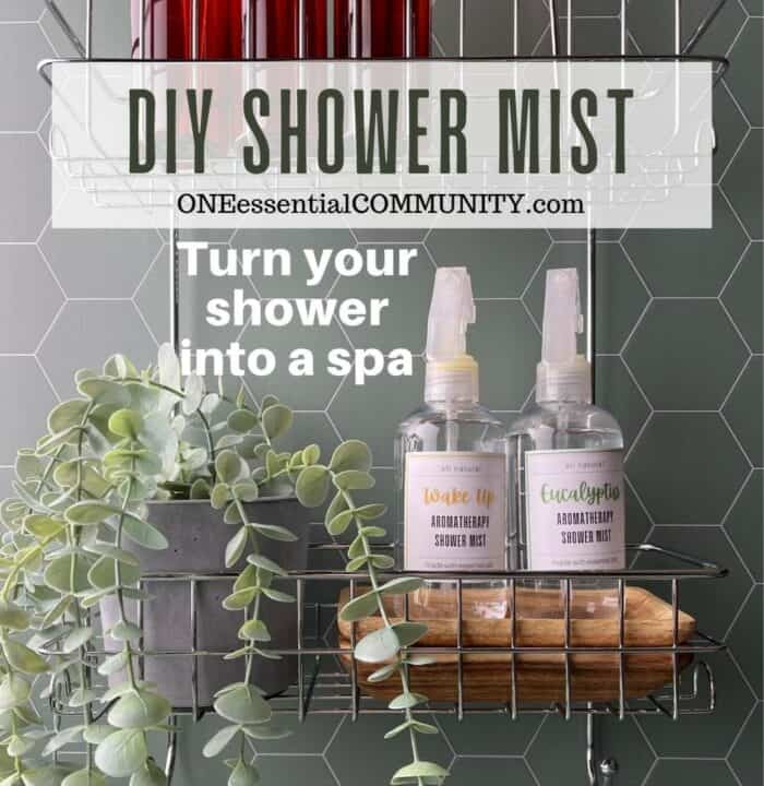 DIY Shower Mist by oneessentialcommunity.com -- turn your shower into a spa -- shows 2 spray bottles and a plant on a shower organizer