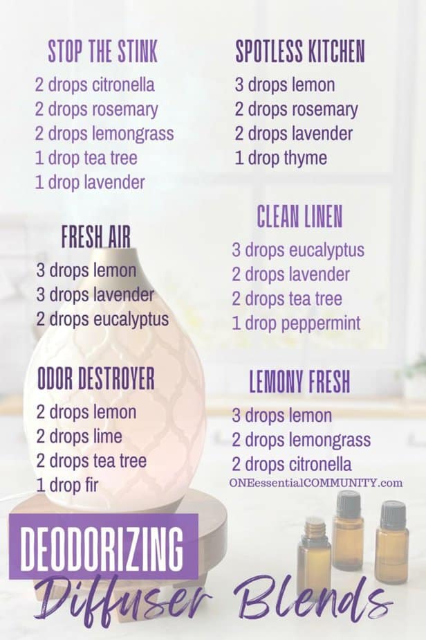 dedorizing diffuser blends by oneessentialcommunity.com -- stop the stink: 2 drops citronella, 2 drops rosemary, 2 drops lemongrass, 1 drop tea tree, and 1 drop lavender. spotless kitchen: 3 drops lemon, 2 drops rosemary, 2 drops lavender, 1 drop thyme. fresh air: 3 drops lemonm 3 drops lavender, 2 drops eucalytpus. clean linen: 3 drops eucalyptus, 2 drops lavender, 2 drops tea tree, 1 drop peppermint. odor destroyer: 2 drops lemon, 2 drops lime, 2 drops tea ree, 1 drop fir. lemony fresh: 3 drops lemon, 2 drops lemongrass, 2 drops citronella