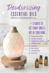deodorizing essential oils + 13 ways to get funky smells out of your home by oneessentialcommunity.com -- trash can stink, musty closets, bathroom odors, smelly food, smoke, pet odors, basements, & more! -- 3 essential oil bottles, diffuser, and clean kitchen