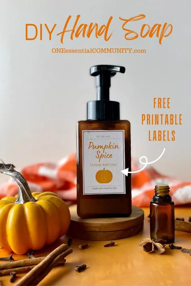 DIY Hand Soap with free printable labels by oneessentialcommunity.com - pumpkin spice hand soap with small pumpkin, cinnamon sticks, cloves, star anise, and essential oil bottle