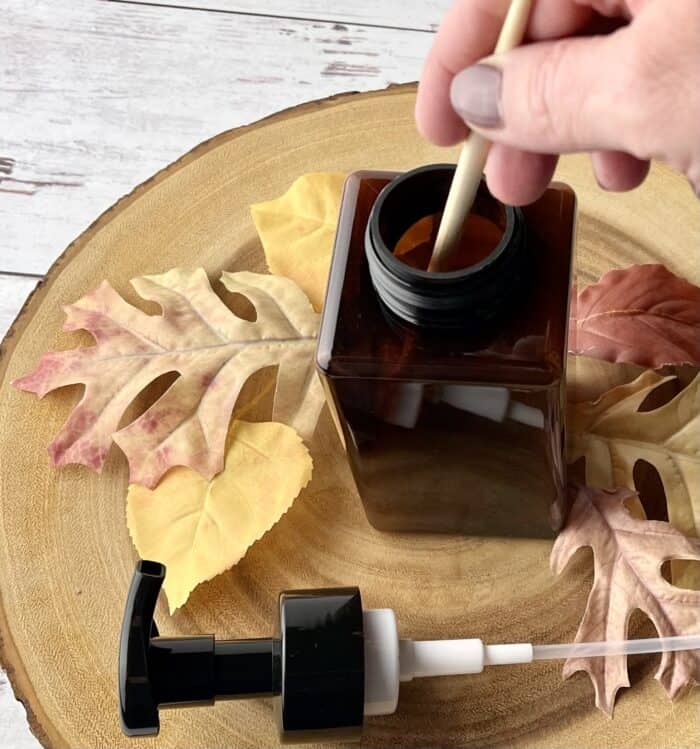 stirring foaming soap ingredients to mix well (do this before adding water)