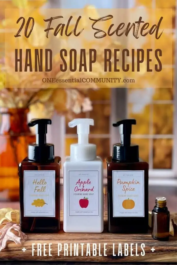 20 fall scented hand soap recipes by oneessentialcommunity.com -- 3 foaming hand soap bottles and essential oil bottle -- hello Fall, apple orchard, and pumpkin spice