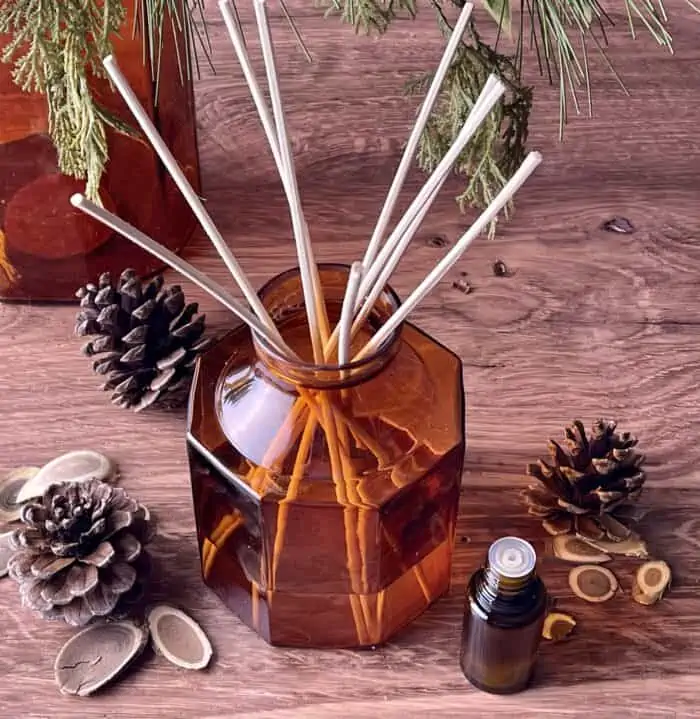 essential oil bottle, pinecones, and wood slices around homemade reed diffuser