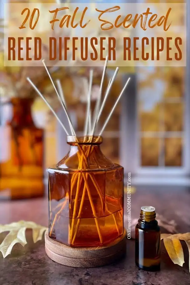 20 fall scented reed diffuser recipes by oneessentialcommunity.com -- essential oil bottle and leaves next to amber glass reed diffuser
