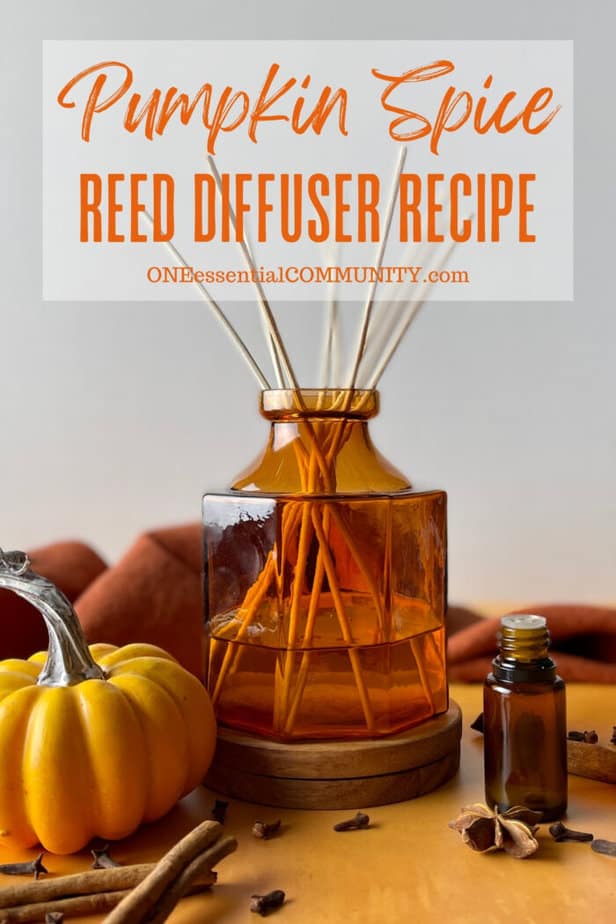 pumpkin spice reed diffuser recipe by oneessentialcommunity.com -- essential oil bottle, pumpkin, cinnamon sticks, clove, and star anise around amber glass reed diffuser