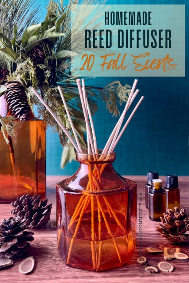 Homemade Reed Diffuser in 20 fall scents by oneessentialcommunity.com -- essential oil bottles, pinecones, and wood slices around an amber glass reed diffuser
