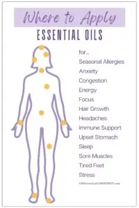 Where to apply essential oils on the body by oneessentialcomunity.com -- seasonal allergies, anxiety, congestion, energy, focus, hair growth, headaches, immune support, upset stomach, sleep, sore muscles, tired feet, and stress.