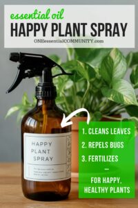 says "Essential Oil Happy Plant Spray by oneessentialcommunity.com that 1. cleans leaves, 2. repels bugs, and 3. fertilizes for happy, healthy plants." plant next to amber glass spray bottle