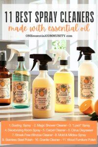 homemade cleaners in glass spray bottles on kitchen countertop -- 11 best spray cleaners made with essential oil by oneessentialcommunity.com -- includes dusting spray, magic shower cleaner, "Lysol" disinfecting spray, deodorizing room spray, carpet cleaner, citrus degreaser, streak-free window cleaner, mold & mildew spray, stainless steel polish, granite cleaner, and wood furniture polish